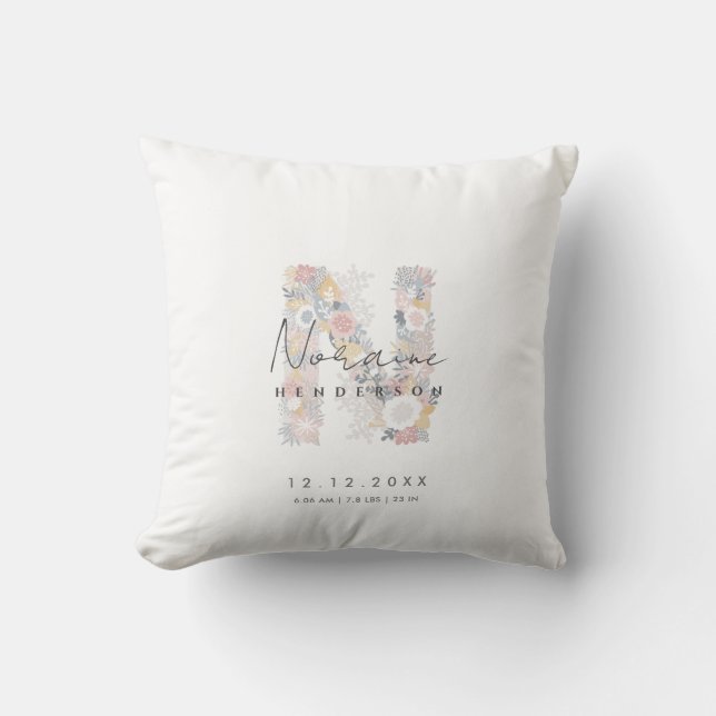 Floral Monogram Letter N Baby Birth Stats Throw Pillow (Front)