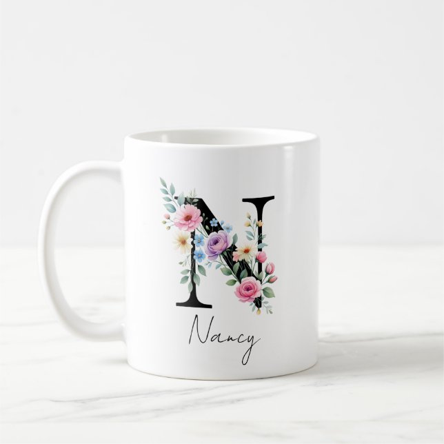  Floral Monogram – Letter N Coffee Mug (Left)