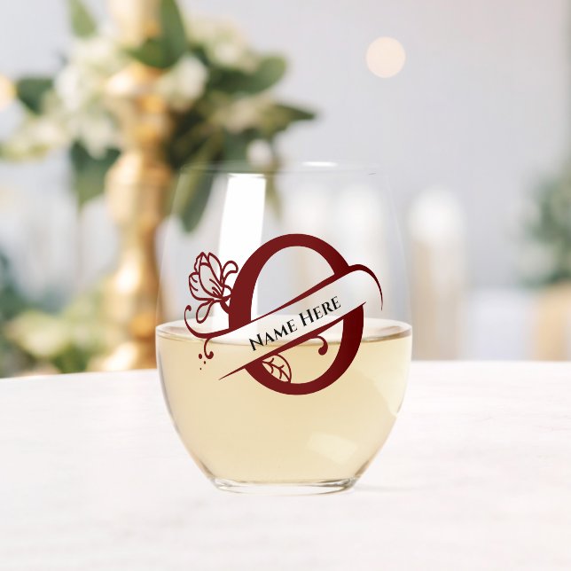 Floral Monogram Letter O Add Name Change Colour  Stemless Wine Glass (Insitu (Wedding))