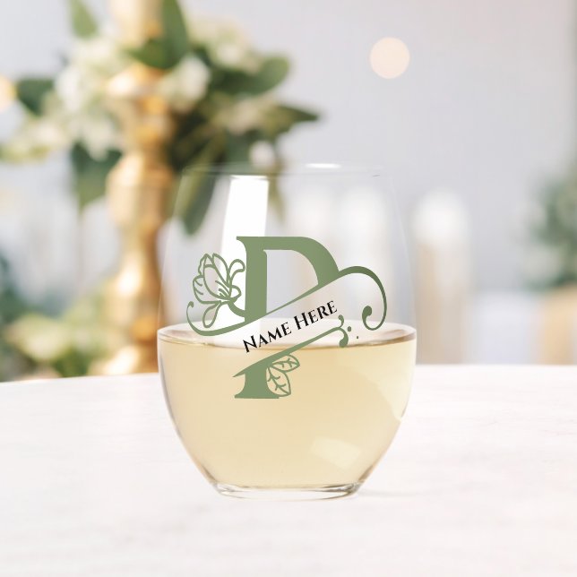 Floral Monogram Letter P Add Name Change Colour  Stemless Wine Glass (Insitu (Wedding))