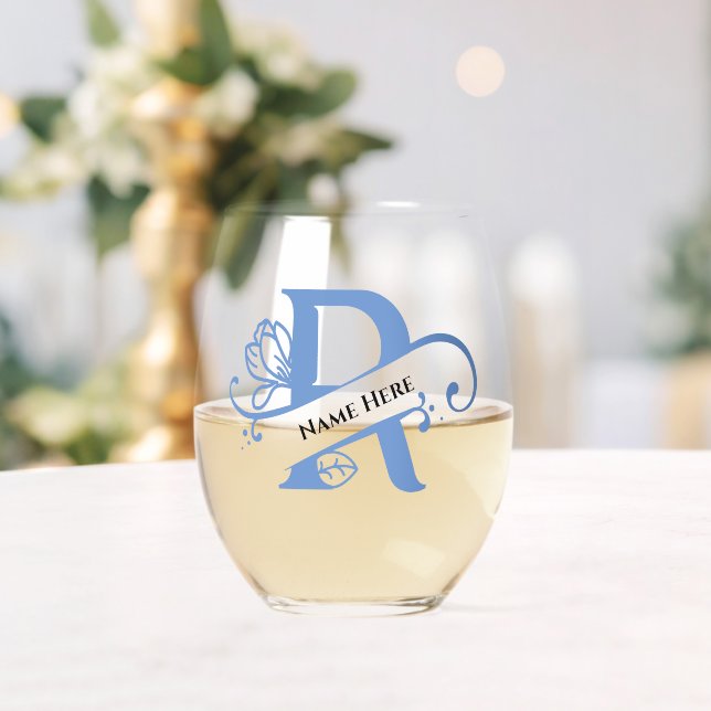 Floral Monogram Letter R Add Name Change Colour  Stemless Wine Glass (Insitu (Wedding))