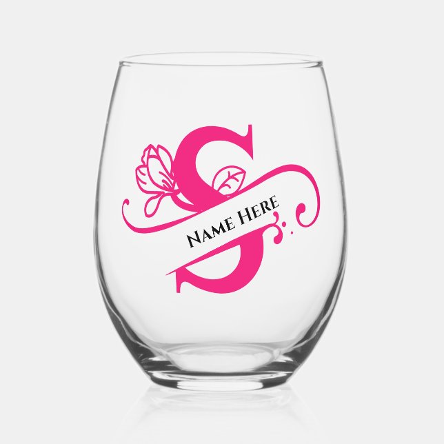 Floral Monogram Letter S Add Name Change Colour  Stemless Wine Glass (Front)