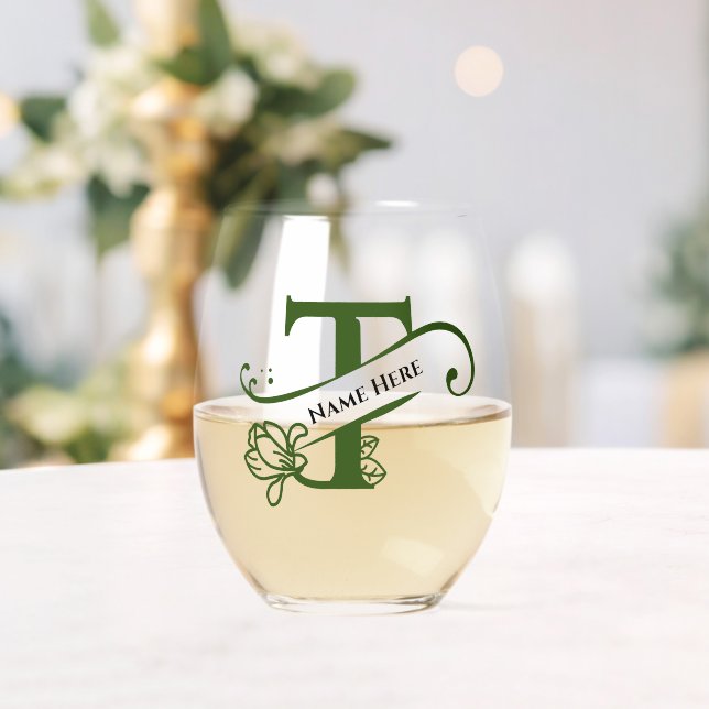 Floral Monogram Letter T Add Name Change Colour  Stemless Wine Glass (Insitu (Wedding))