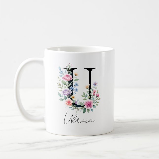  Floral Monogram – Letter U Coffee Mug (Left)