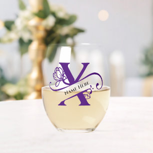 Floral Monogram Letter X Add Name Change Colour Stemless Wine Glass