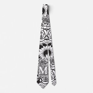 Floral Monogram "M" Black and White Tattoo Flowers Tie