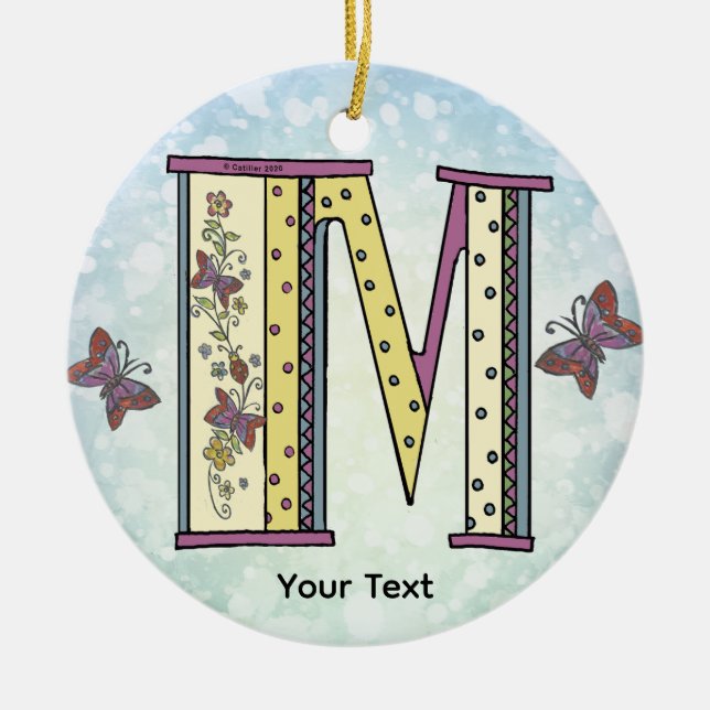 floral Monogram M  Ceramic Ornament (Front)