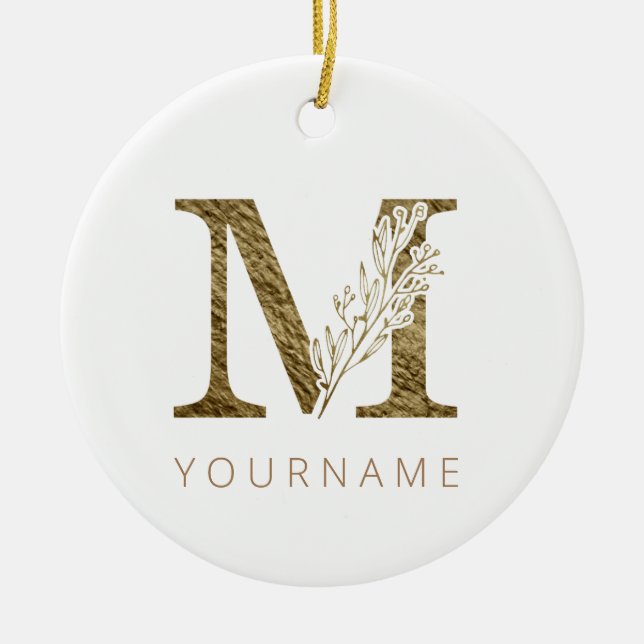 Floral Monogram M Elegant Gold Foliage Ceramic Ornament (Front)