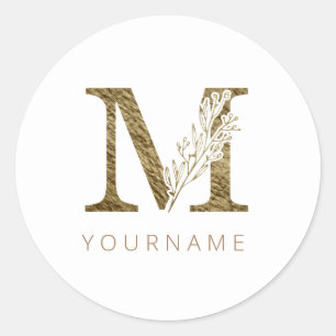 Floral Monogram M Elegant Gold Foliage Classic Round Sticker