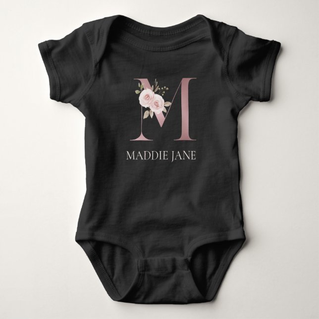 Floral Monogram M Name  Baby Bodysuit (Front)