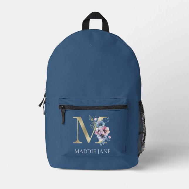 Floral Monogram M Name  Printed Backpack (Front)