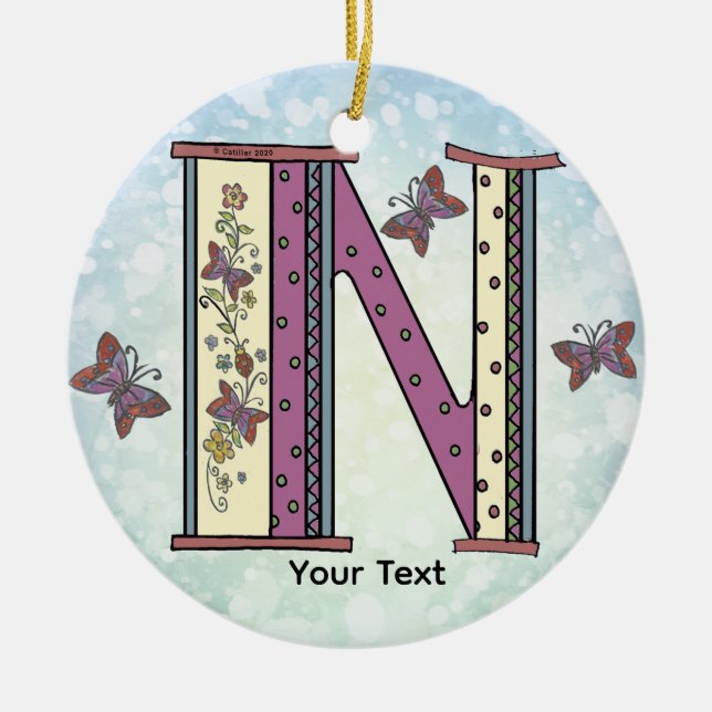 floral Monogram N  Ceramic Ornament (Front)