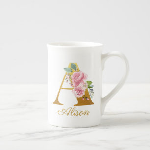 Floral Monogram Name Initial Botanical Custom Bone China Mug