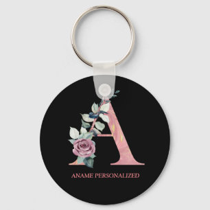 Floral Monogram Name Letters Pink Agate  Keychain