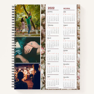 Floral Monogram name & three photos calendar 2022 Notebook