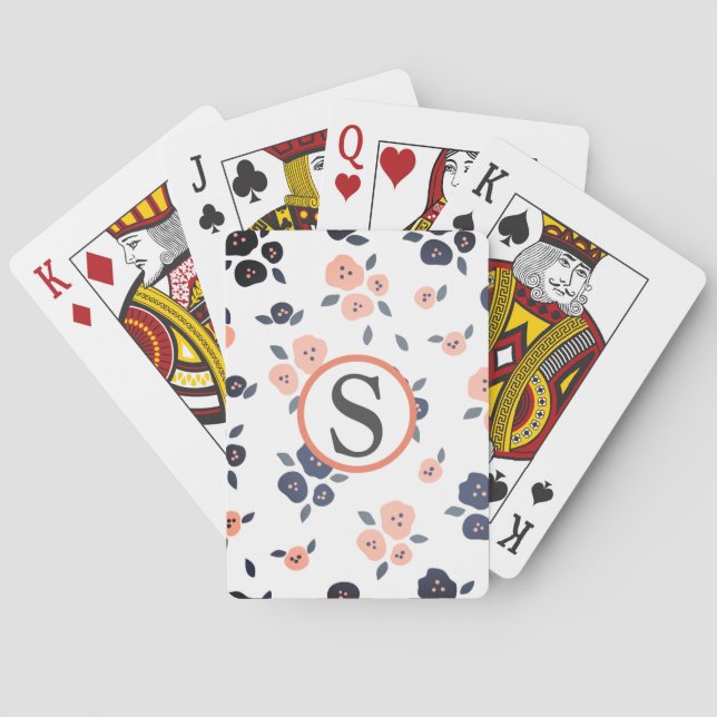 Floral Monogram Navy Blue Farmhouse Pattern Playing Cards (Back)