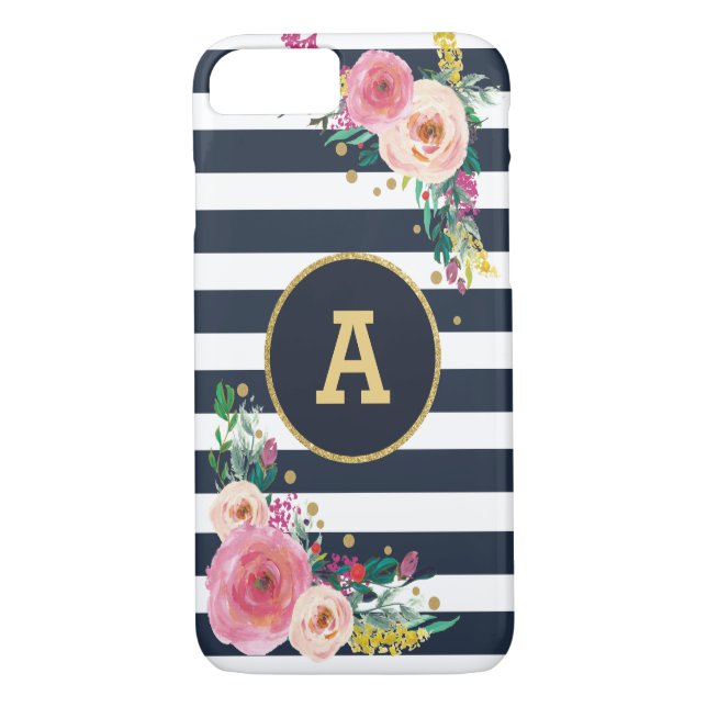 Floral Monogram Navy Gold Stripes iPhone 7 Case (Back)
