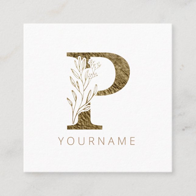Floral Monogram P Elegant Gold Foliage Square Business Card (Front)