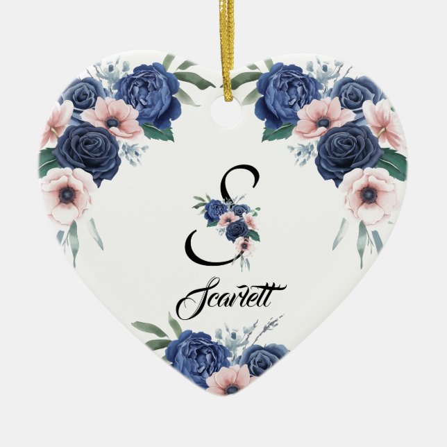 Floral Monogram Personalized  Ceramic Ornament (Front)