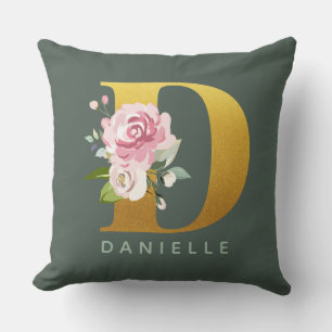 Floral Monogram Personalized Faux Gold Letter D Throw Pillow