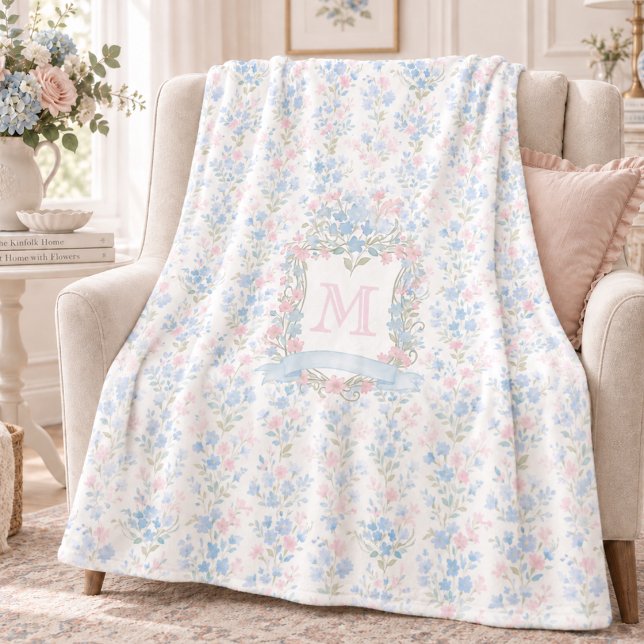 Floral Monogram Personalized Fleece Blanket (elegant grandmillennial preppy pastel pink blue floral fleece blanket with custom monogram initial)