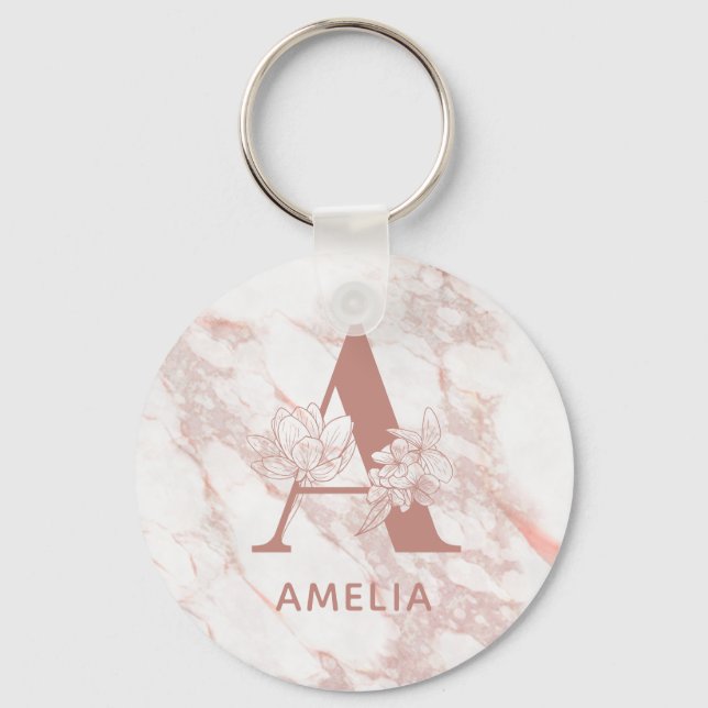 Floral Monogram Pink Rose Gold Marble Custom Name Keychain (Front)