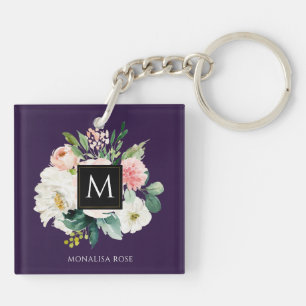 floral monogram purple colour  keychain