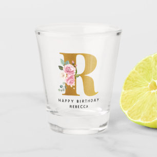 Floral Monogram R Birthday Personalized Name Shot Glass
