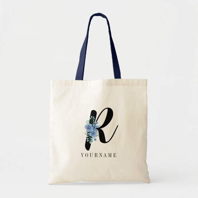 Floral Monogram R Blue Flower Burst Tote Bag (Front)