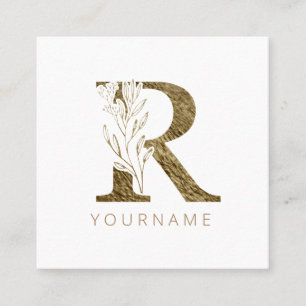 Floral Monogram R Elegant Gold Foliage Square Business Card