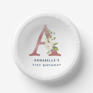 Floral Monogram Rose Gold Initial 21st Birthday Paper Plate