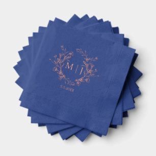 floral monogram rose gold pink blue wedding foil napkins