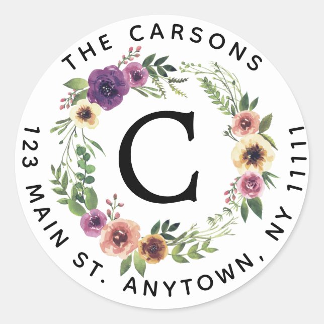 Floral Monogram Round Return Address Label (Front)