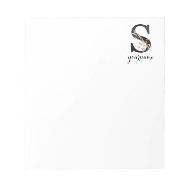 Floral Monogram S Black Gold Flora Notepad (Front)