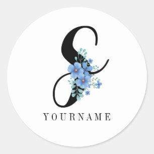 Floral Monogram S Blue Flower Burst Classic Round Sticker