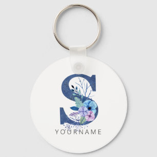 Floral Monogram S Winter Blue Blossoms Keychain