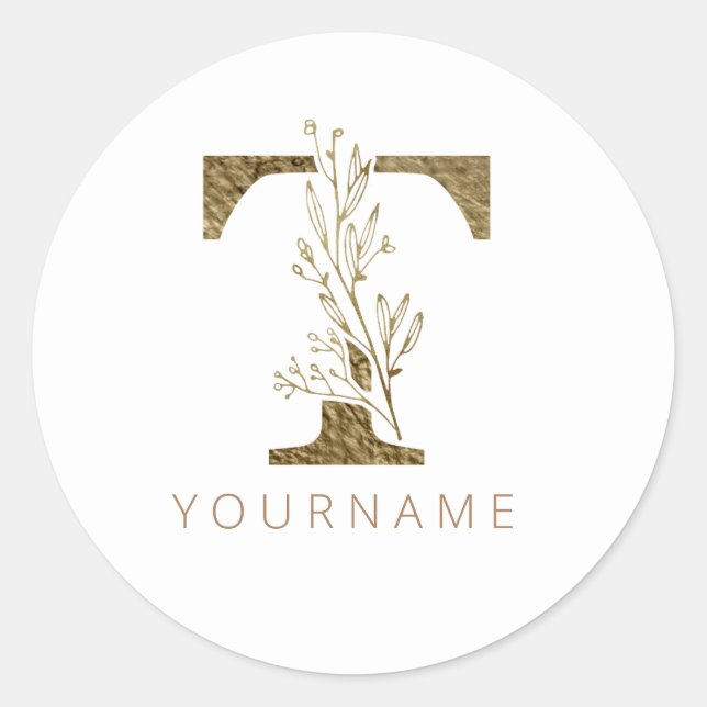 Floral Monogram T Elegant Gold Foliage Classic Round Sticker (Front)