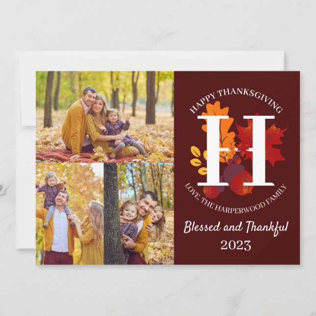 Floral Monogram Thanksgiving Family photo Collage Holiday Card (Front)
