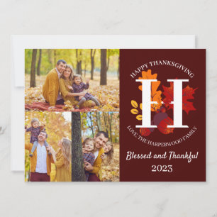 Floral Monogram Thanksgiving Family photo Collage Holiday Card