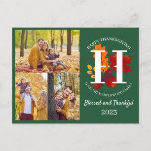Floral Monogram Thanksgiving Family photo Collage  Holiday Postcard