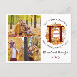 Floral Monogram Thanksgiving Family photo Collage  Holiday Postcard