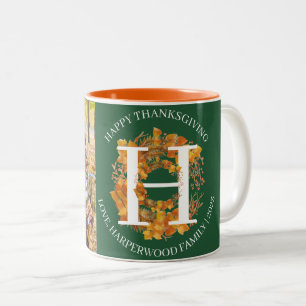 Floral Monogram Thanksgiving Family photo Collage Two-Tone Coffee Mug