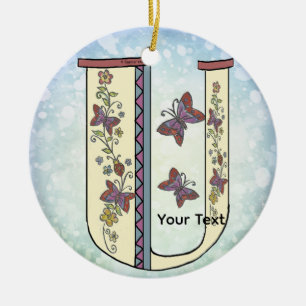floral Monogram U Ceramic Ornament