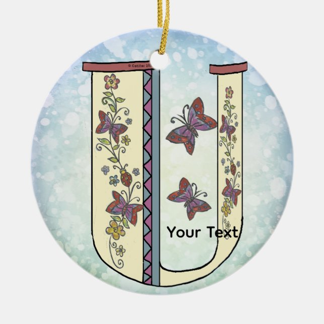 floral Monogram U  Ceramic Ornament (Front)