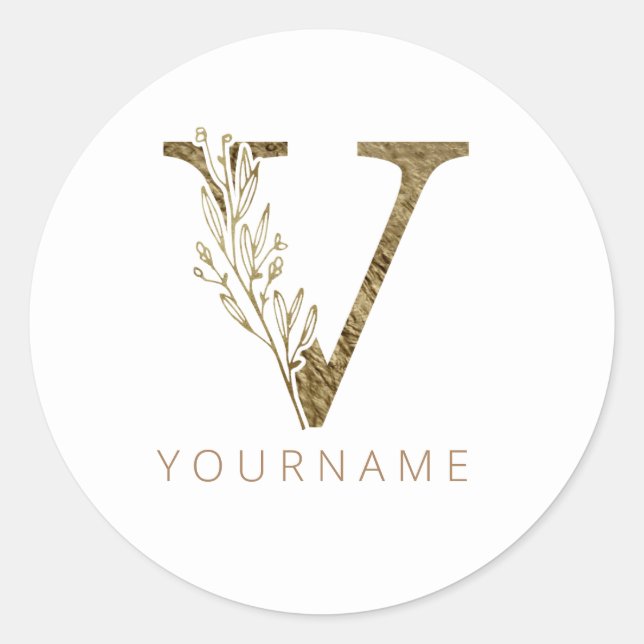 Floral Monogram V Elegant Gold Foliage Classic Round Sticker (Front)