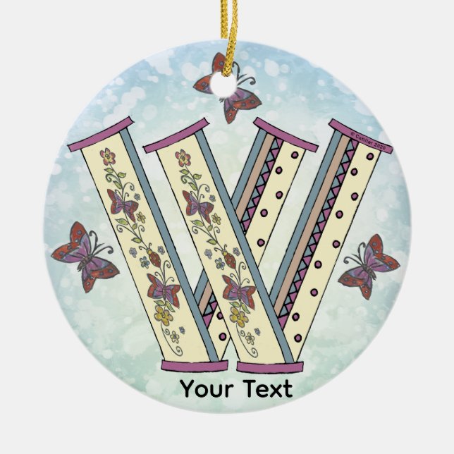 floral Monogram W Ceramic Ornament (Front)