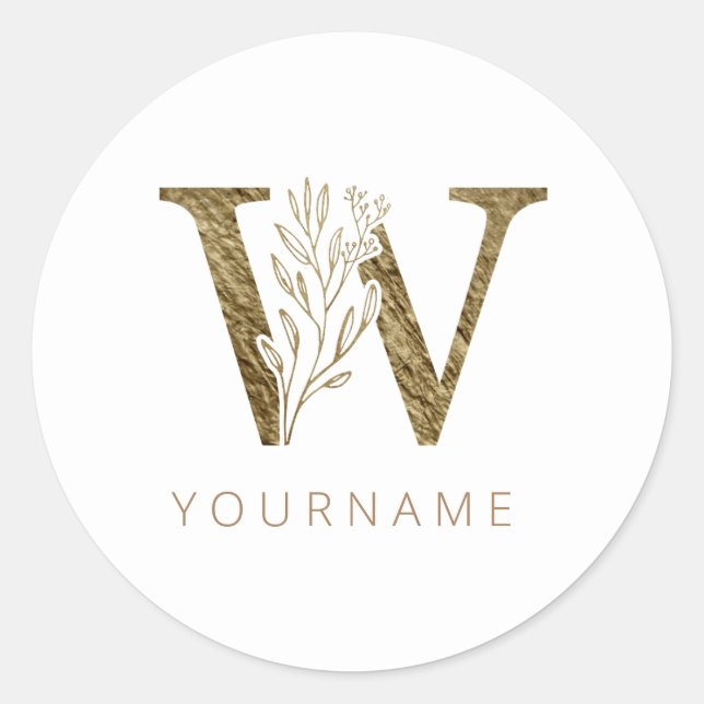 Floral Monogram W Elegant Gold Foliage Classic Round Sticker (Front)