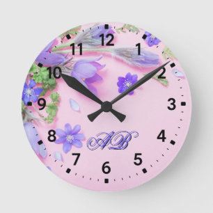 Floral Monogram Wall Clock   Personalized Blue 
