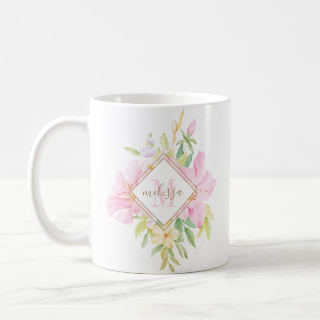 Floral Monogram Watercolor Botanical Blush Pink Coffee Mug (Left)