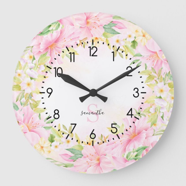 Floral Monogram Watercolor Botanical Blush Pink Large Clock (Front)